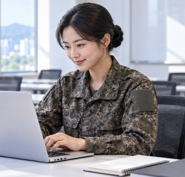 노트북으로 AI역량검사를 진행하는 군복 차림의 장병