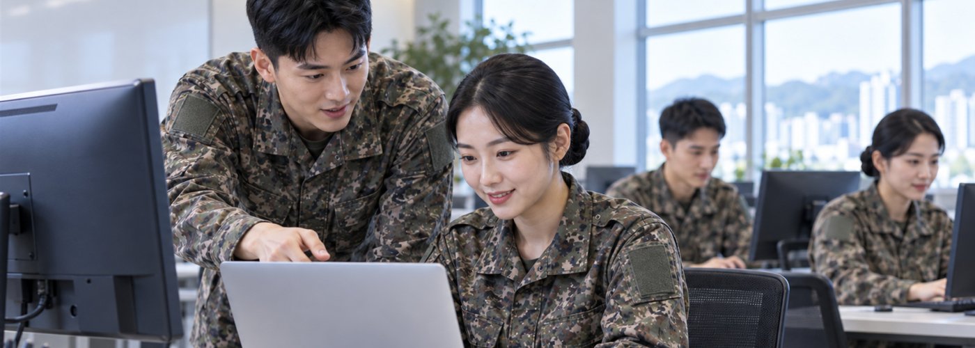 노트북으로 AI역량검사를 응시하는 장병과 안내하는 동료