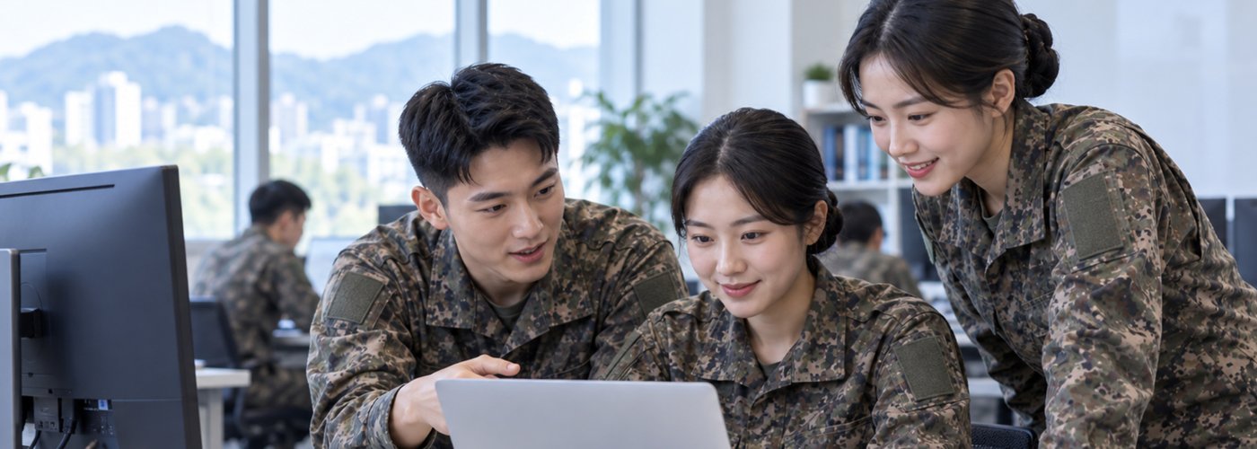 노트북으로 참여 절차를 함께 확인하는 장병들